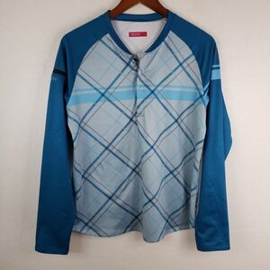 Terry Bicycles Women's Large Blue 1/4 Button Up Top‎ Long Zip Pocket Sleeve